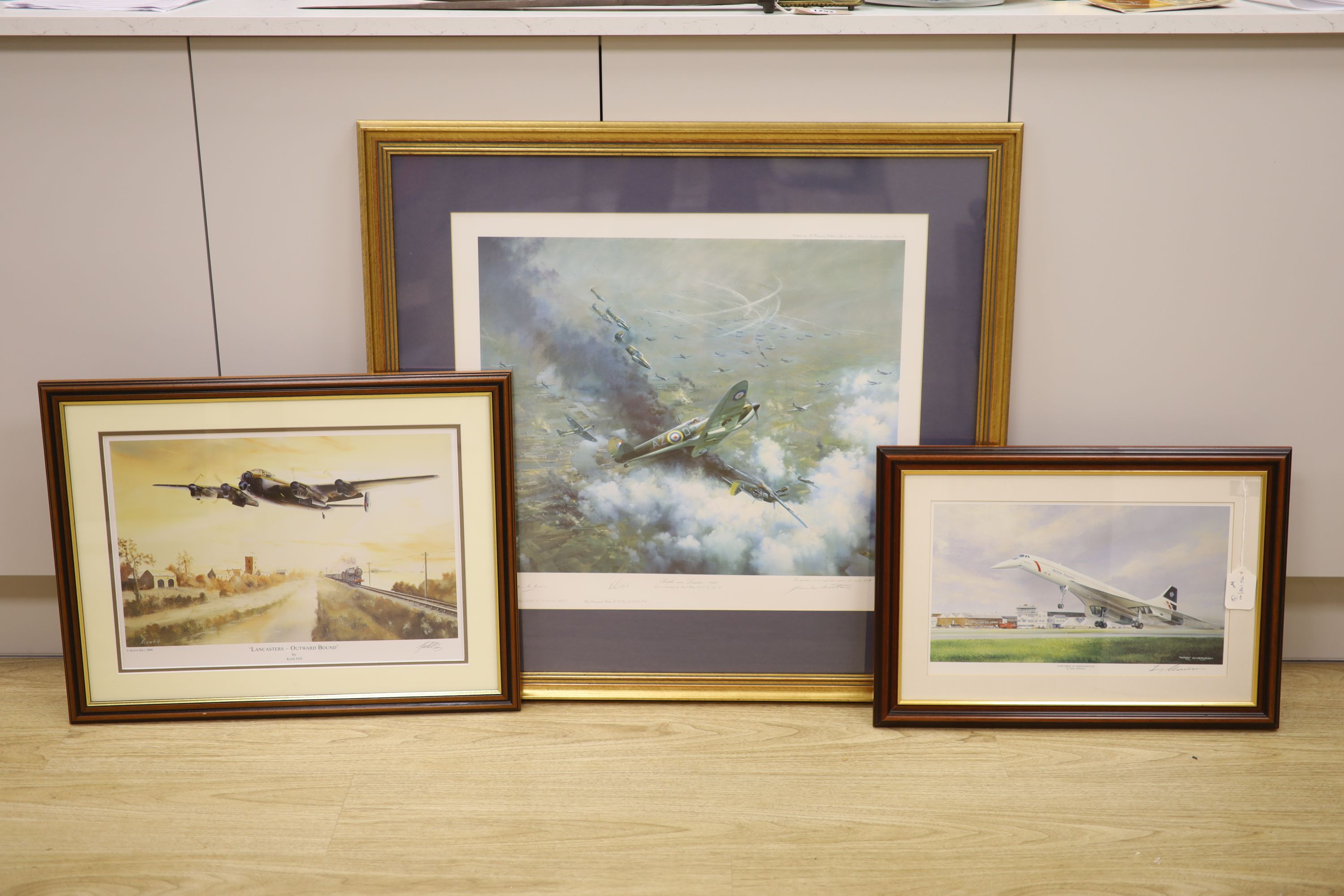 After Frank Wootton, limited edition coloured print, 'Battle Over London 1940', signed in pencil and numbered 224/1250 and two other aviation prints